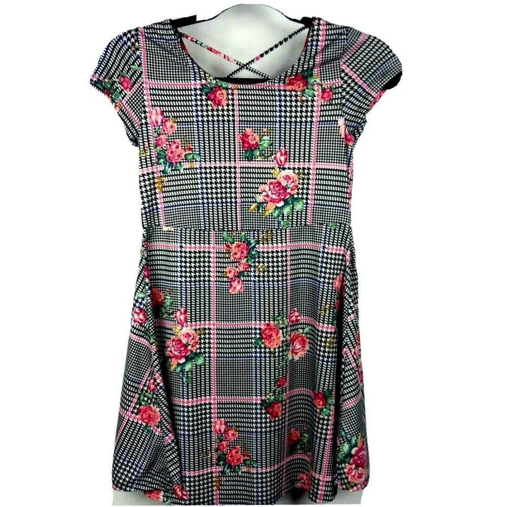 Arizona Girls Skater Dress Size L 14 Black Plaid Rose Print